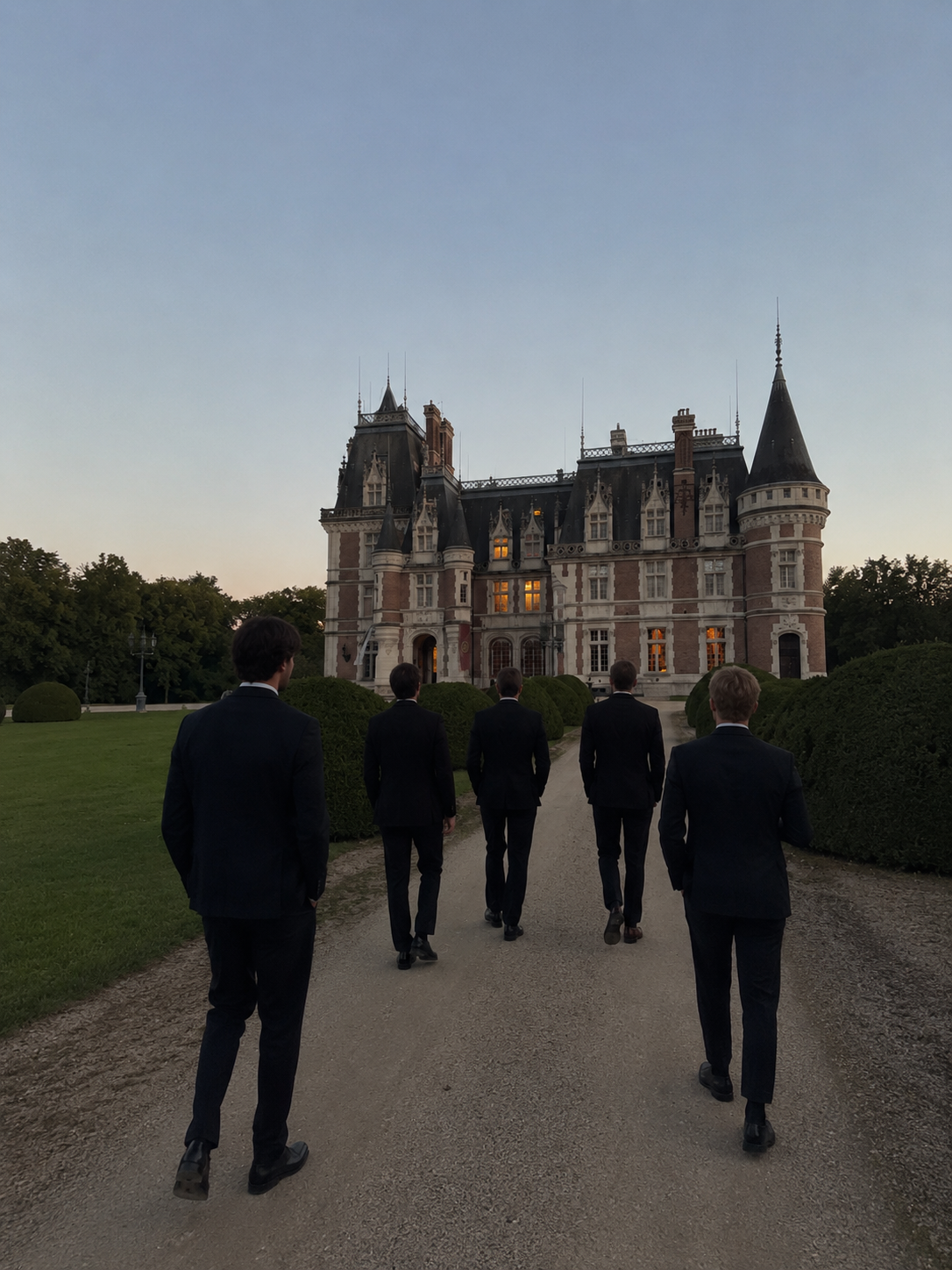 Men in black tie walking up to a château at dusk